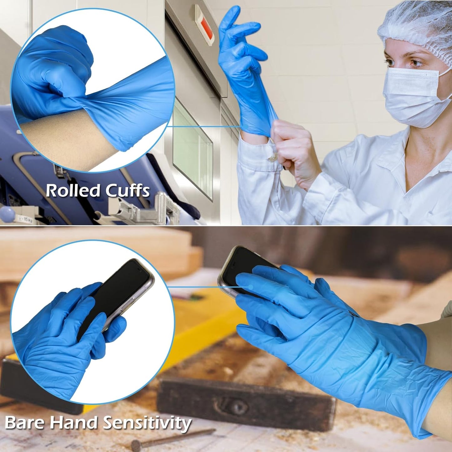 Borje® - 100 Pcs Nitrile Disposable Gloves, Blue, Latex & Powder-Free, Food Safe, Textured Fingertips