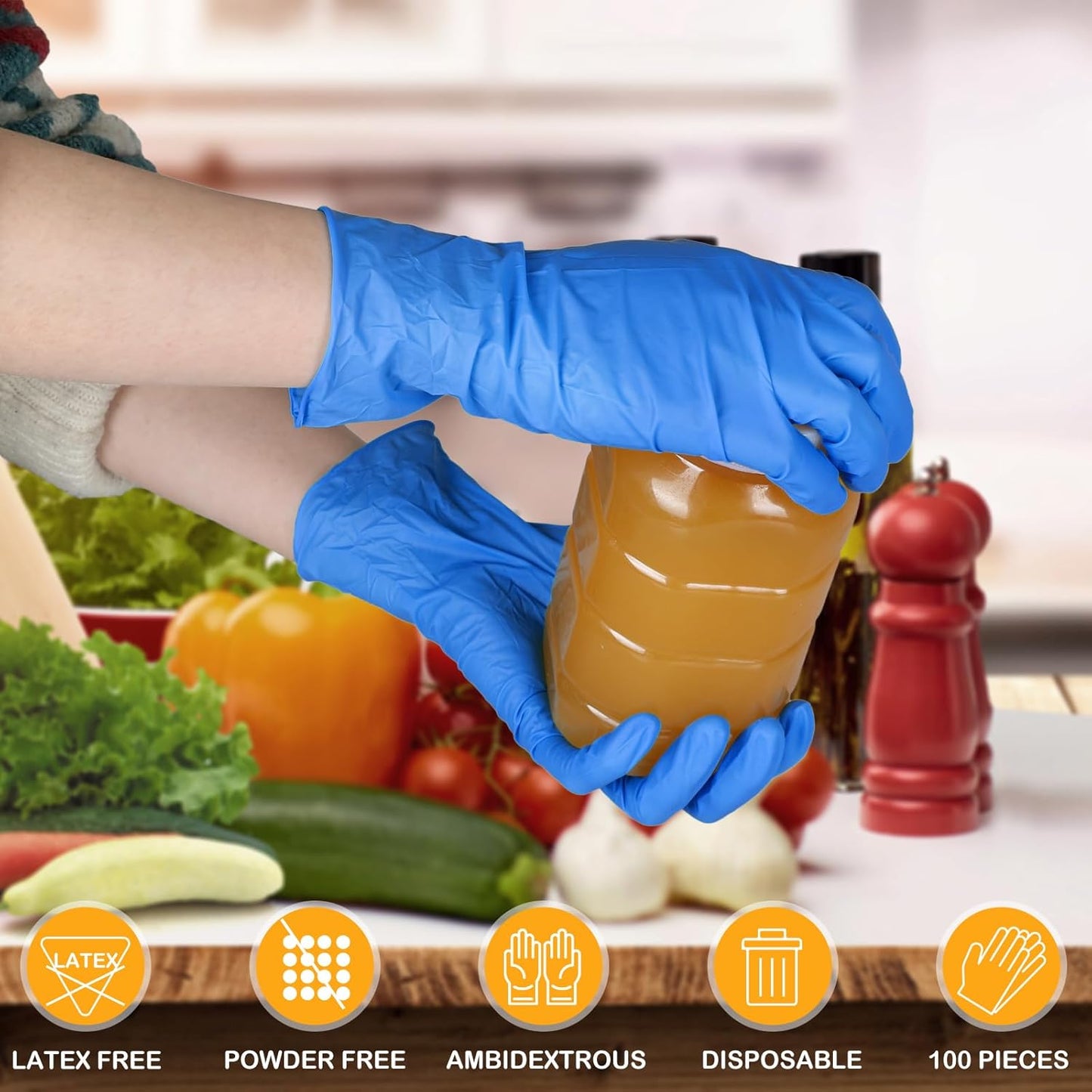 Borje® - 100 Pcs Nitrile Disposable Gloves, Blue, Latex & Powder-Free, Food Safe, Textured Fingertips