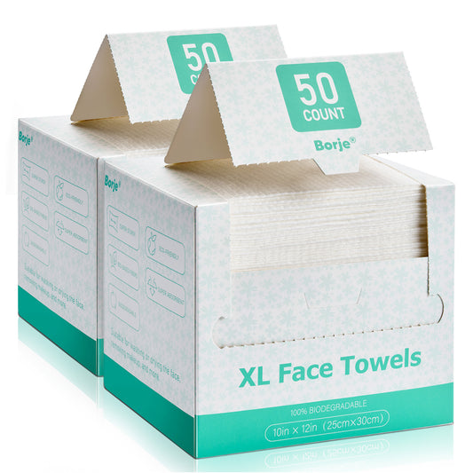 Borje Disposable Face Towels XL, 10" x 12", 100 Count (2 Packs of 50), Ultra Soft & Thick Face Towelettes Disposable, Makeup Remover Wipes for Women Cleansing