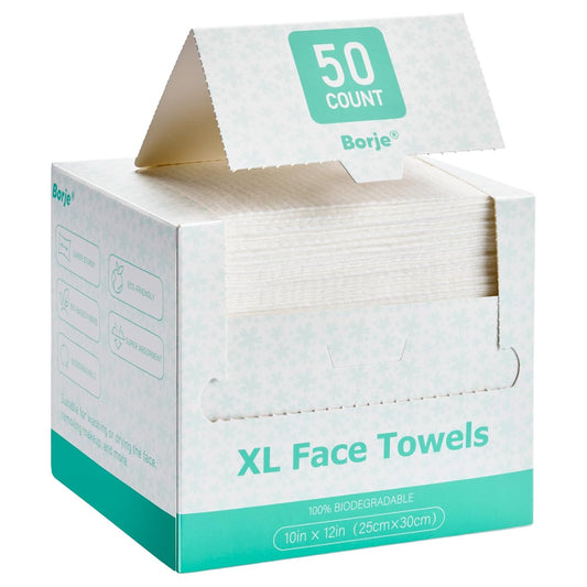 Borje Face Towels XL, Disposable Face Towel 10" x 12", 50 Count, 100% USDA Biobased Facial Towelettes, Ultra Soft & Thick Makeup Remover Wipes for Women Cleansing