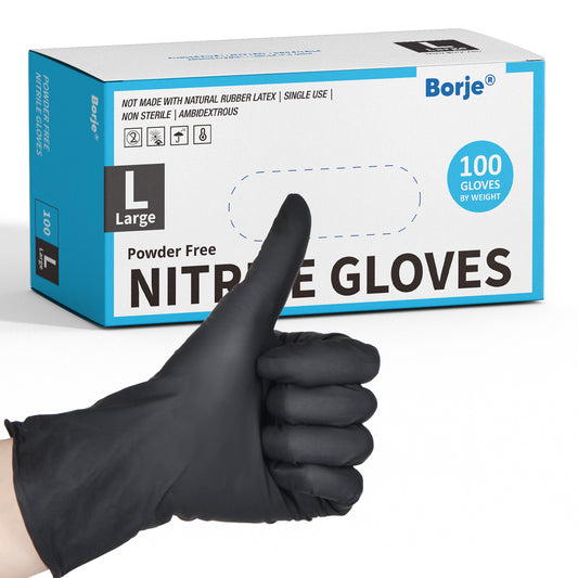 Borje Black Nitrile Disposable Gloves, 4 Mil, Latex & Powder-Free, Food Safe, Textured Fingertips, 100 Count